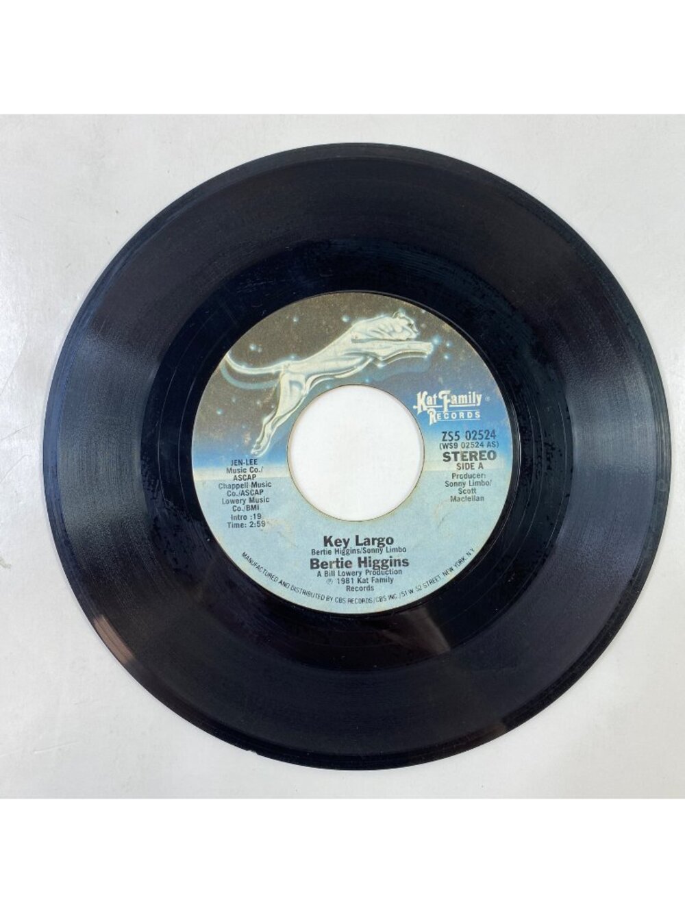 Vintage Vinyl Record 45 RMP Bertie Higgins "Key Largo" / "White Line Fever" 1981